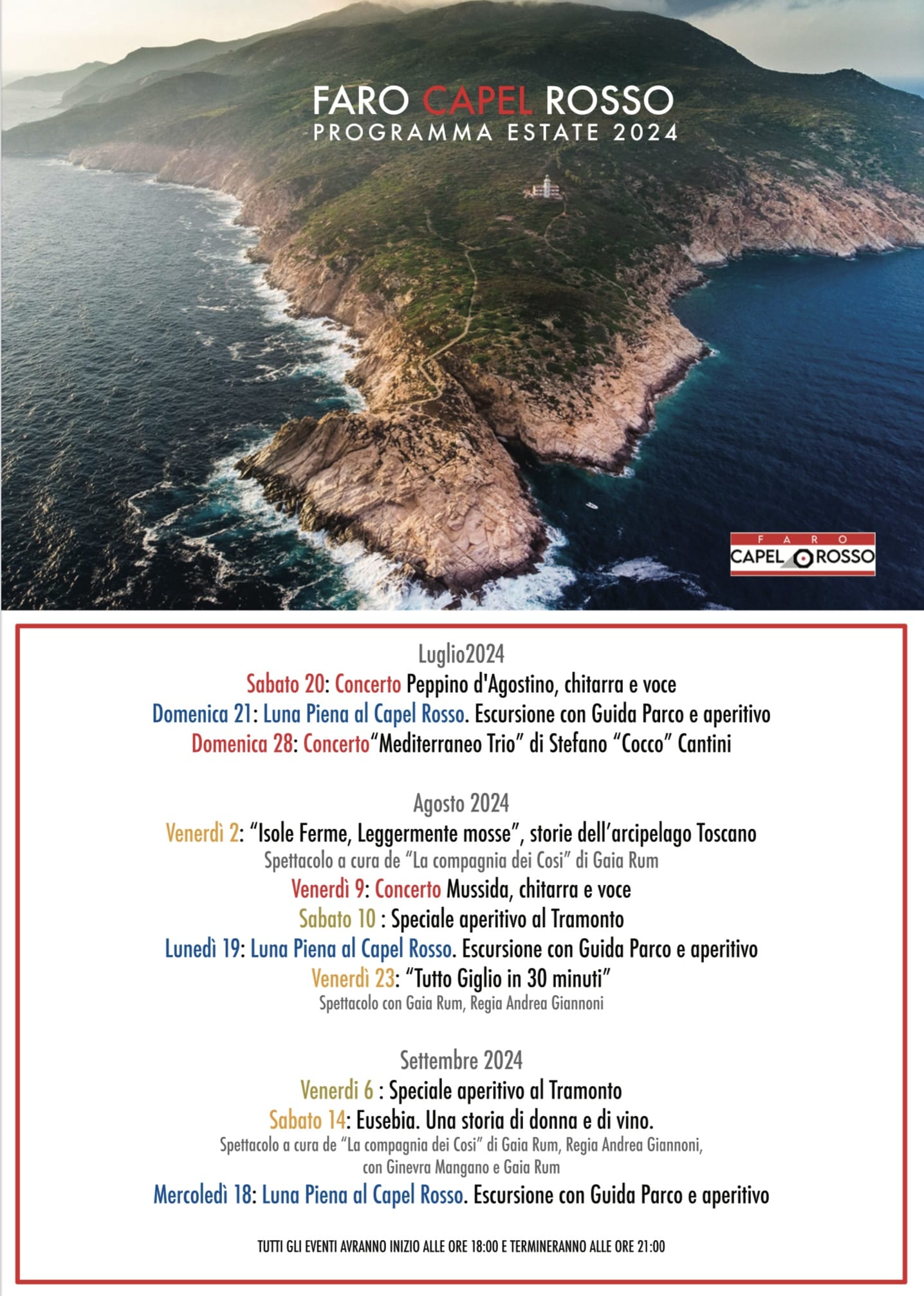 Programma Eventi Faro Capel Rosso  all'Isola del Giglio Estate 2024