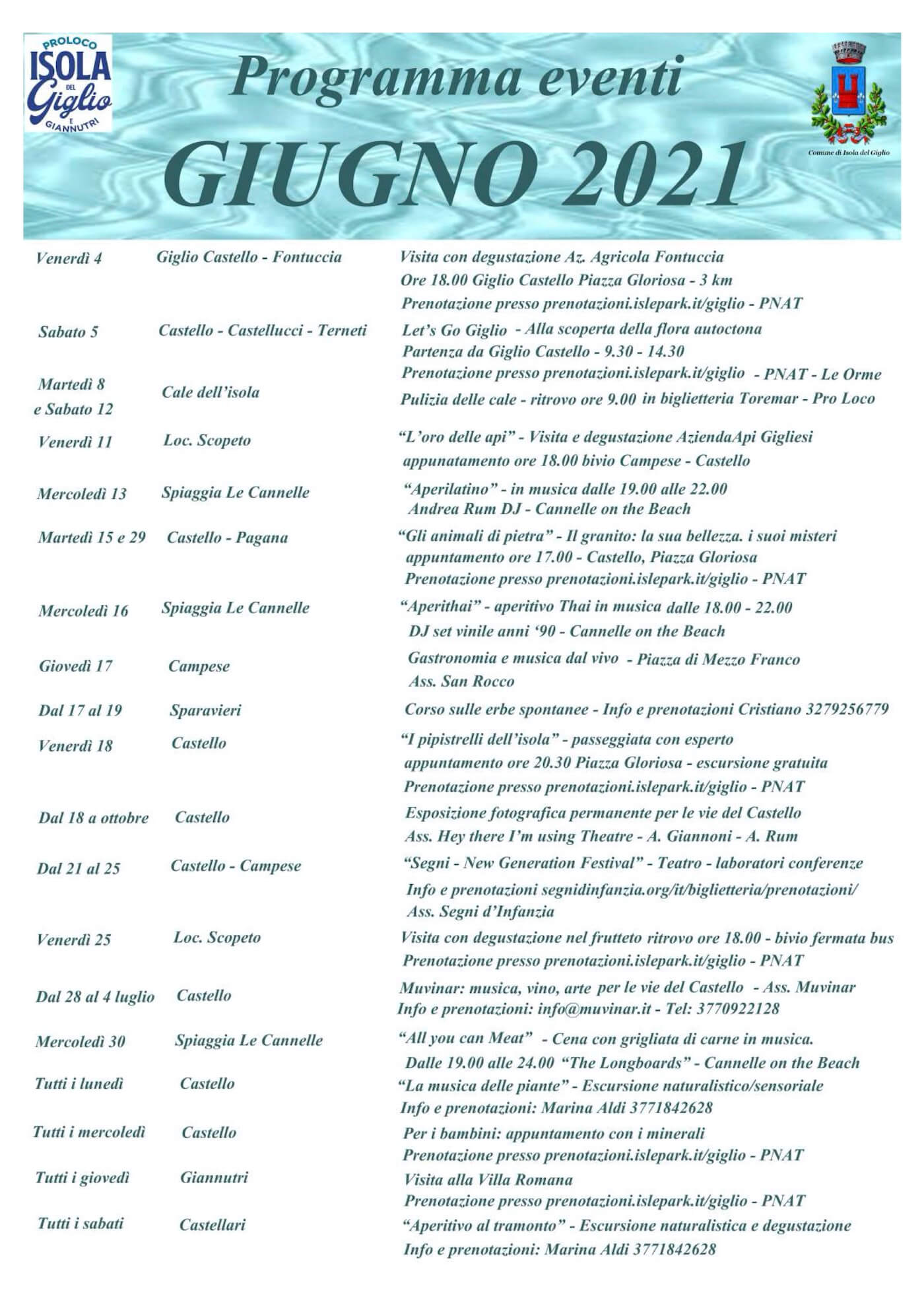 Calendari Eventi e Manifestazioni Isola del Giglio - Giugno 2021