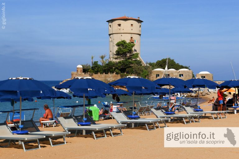 Lettini con vista Torre Medicea Stabilimento Balneare La Playa del Carma, Spiaggia del Campese, Isola del Giglio