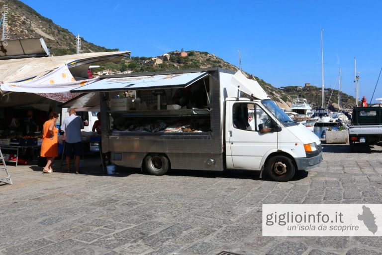 Furgone autonegozio per vendita di pesce fresco al Mercato di Giglio Porto, Isola del Giglio