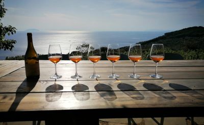 Bicchieri su un tavolo con vista mare, Azienda Agricola Castellari Isola del Giglio