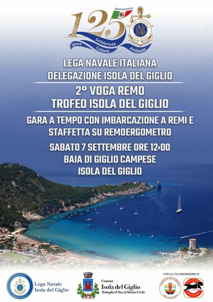 Locandina 2° Voga Rmeo Trofeo Isola del Gigliogara a tempo con imbarcazione a remi e staffetta su remoergometro baia di Giglio Campese