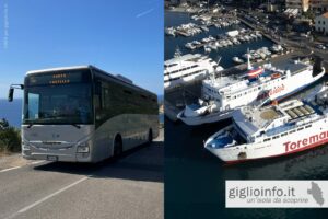 Collage dei traghetti a Porto S. Stefano dal Drone e l'autobus nella baia di Giglio Campese