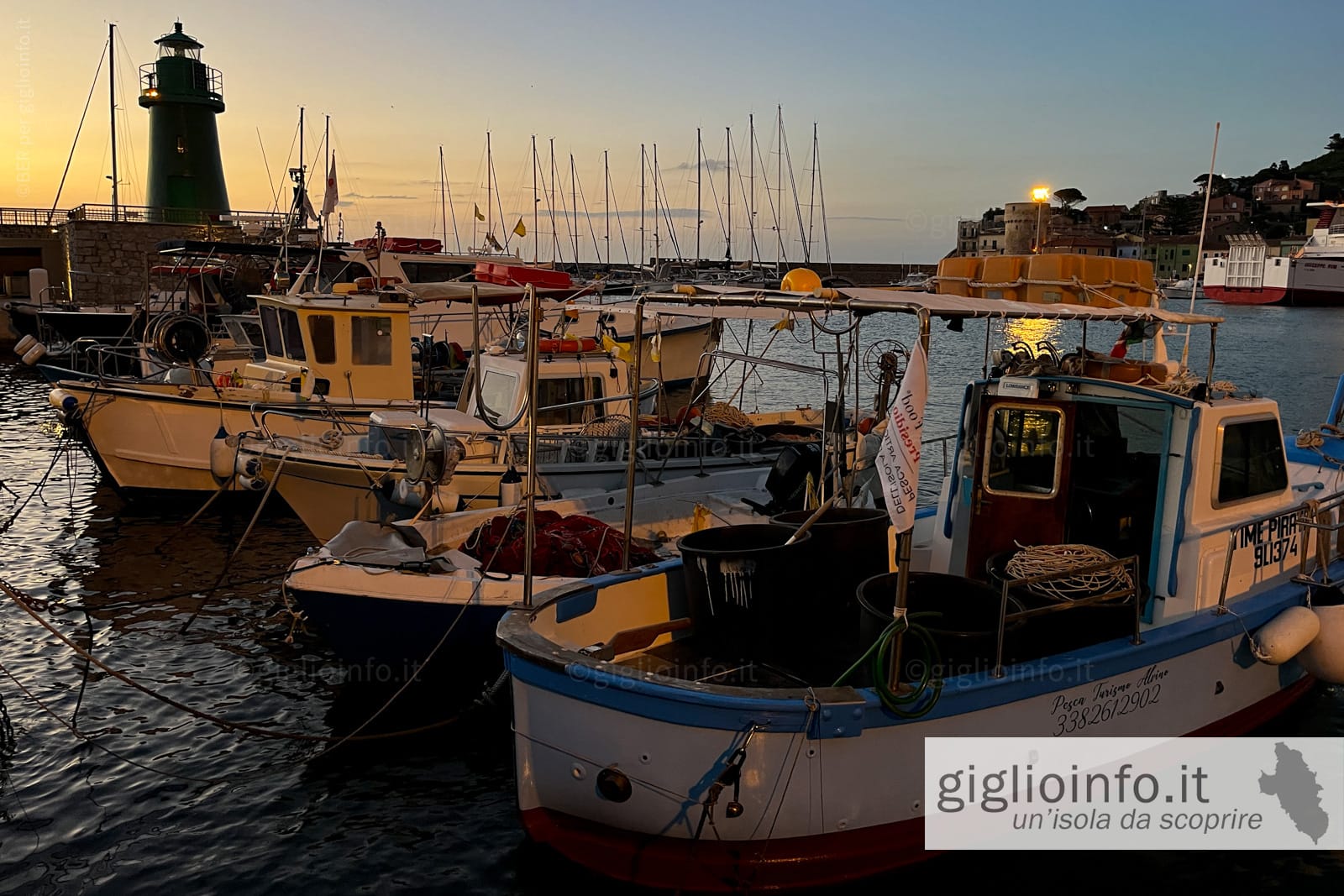Barche dei pescatori nel porto all'alba, Giglio Porto, Isola del Giglio