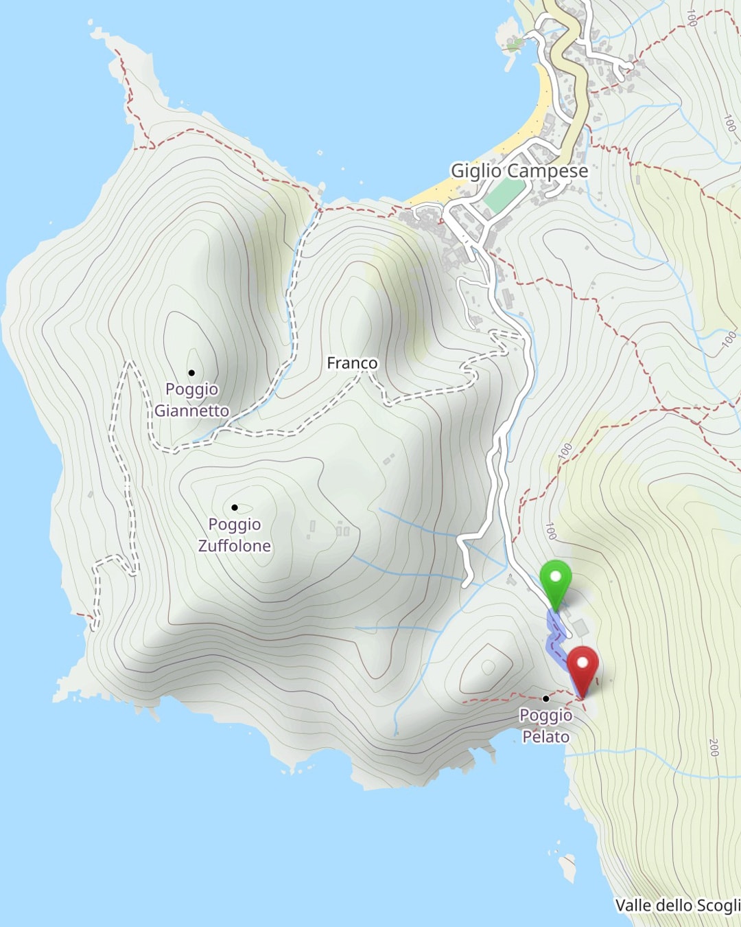 Mappa sentiero 301 per la Cala dell'Allume, Isola del Giglio