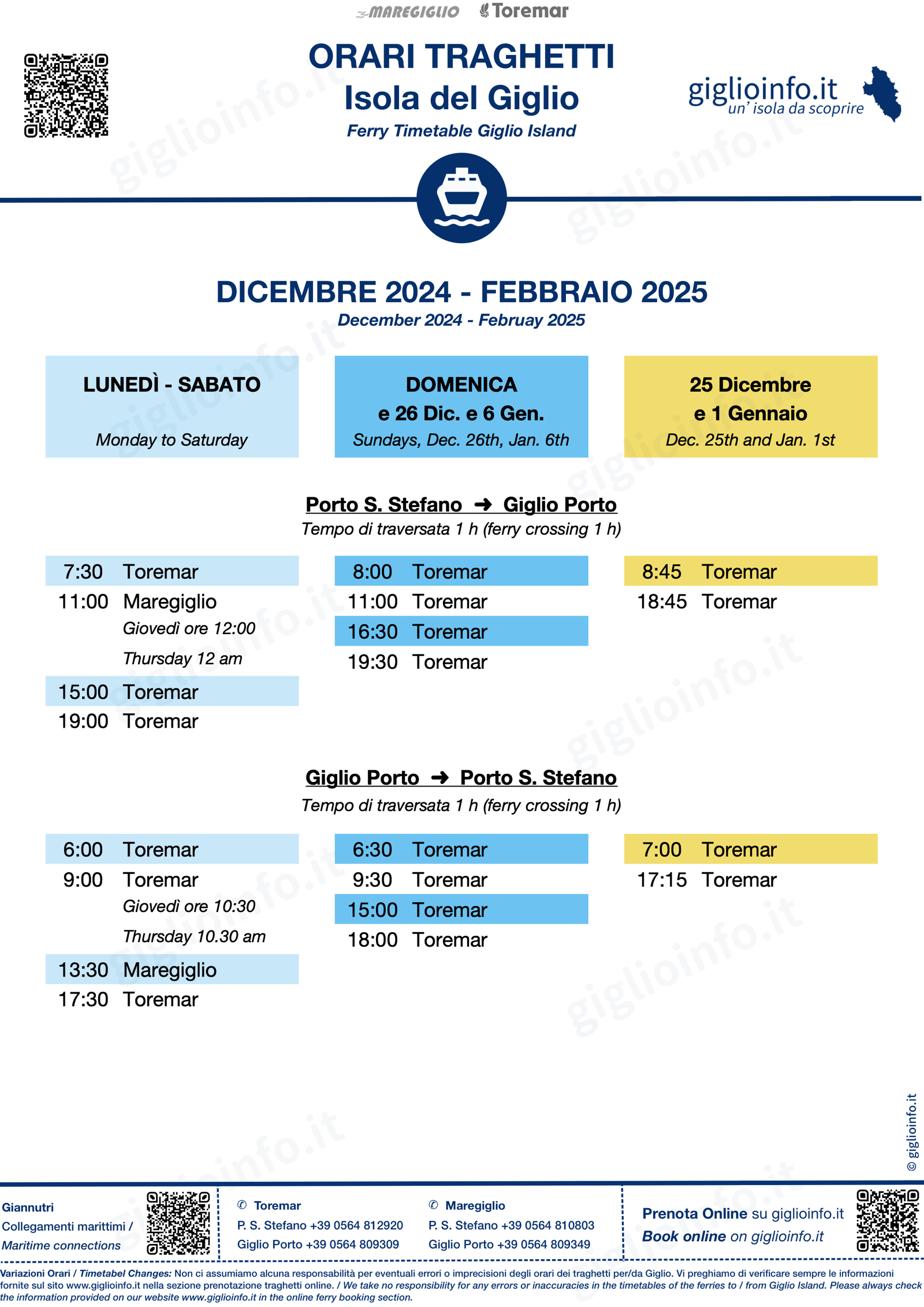 Orario Invernale dei Traghetti da/per l'Isola del Giglio 2024-2025 